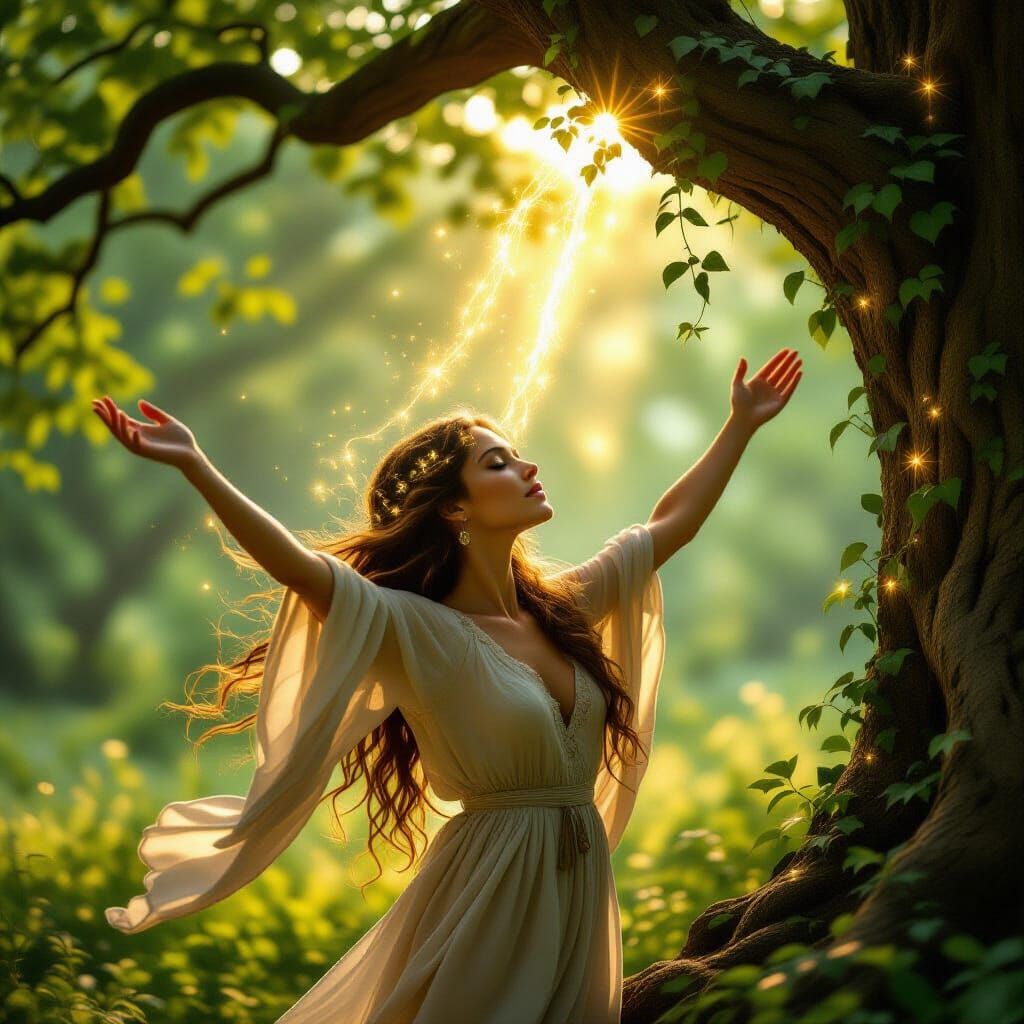 Woman Absorbs Golden Energy from Ancient Tree in Ethereal Fo...