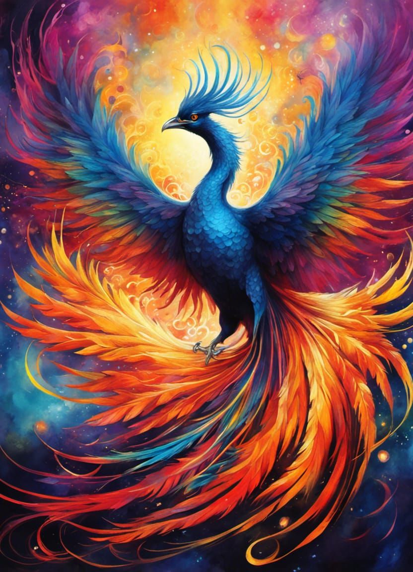 Colorful Phoenix Bird in Dark Fantasy Style