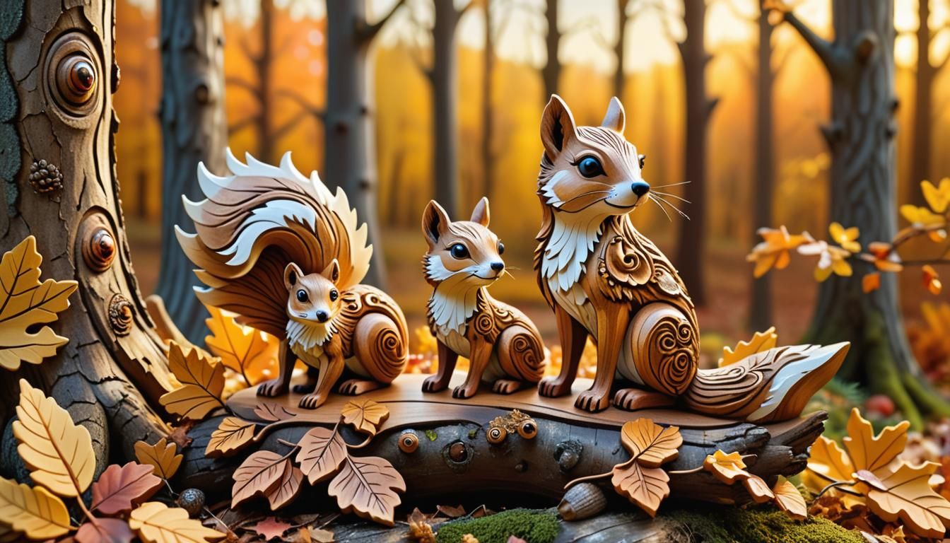 Ornate Wood Carved Animals in Autumn Forest