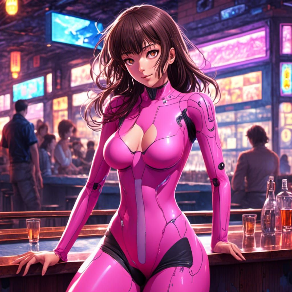 Anime Woman in Cyberpunk Bar, Studio Ghibli Style