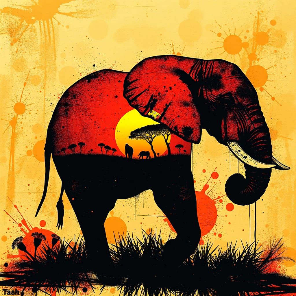 Elephant Silhouette with Savanna Sunset Splatter Art