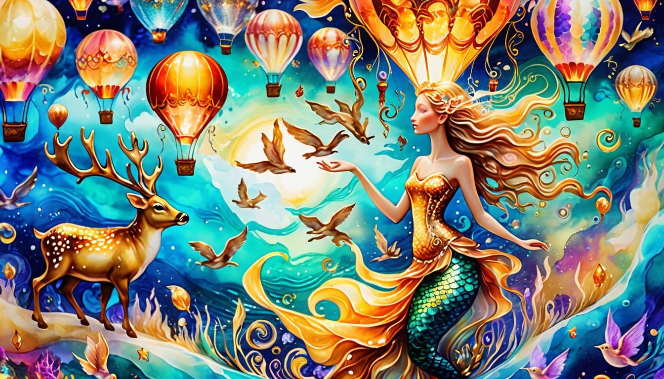 Surreal Mermaid Scene with Flying Pigs and Deer