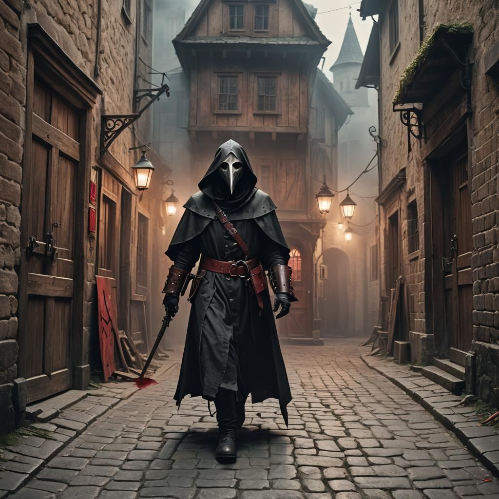 Plague doctor walking around the alley
