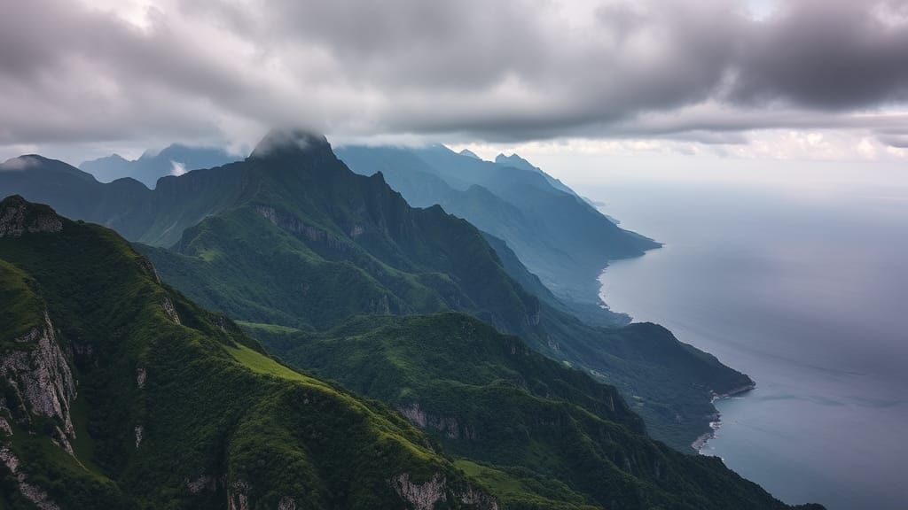 Hyperrealistic Mountain Range with Ocean View