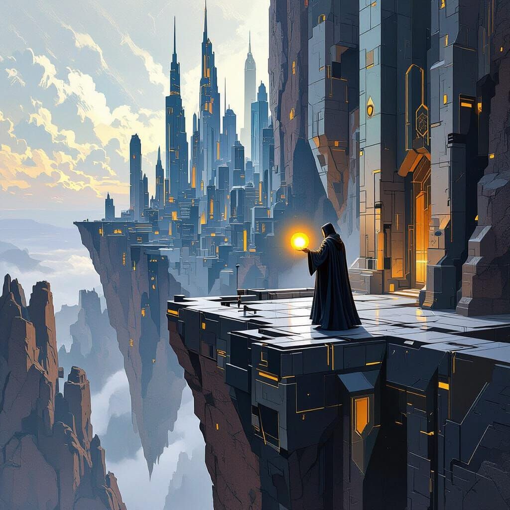 Fantasy City on Cliffs in Cubist Deco Style