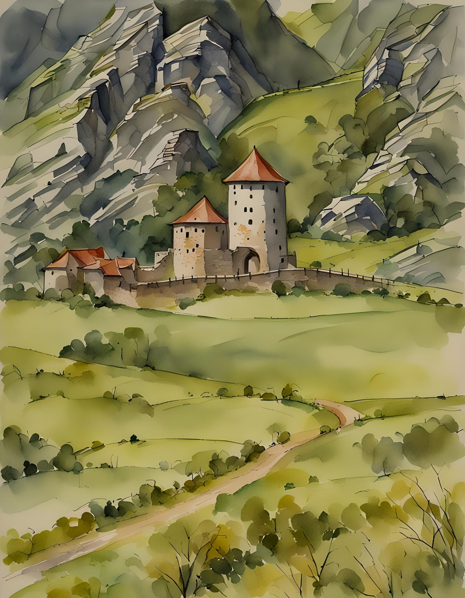 Fortified Tower at Mountain Pass in Watercolor