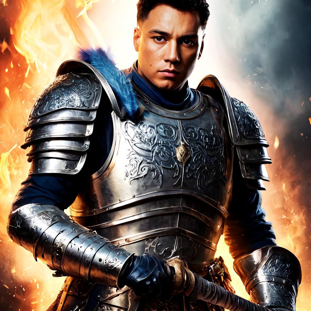 Armored Warrior with Sword in Fiery Battlefield