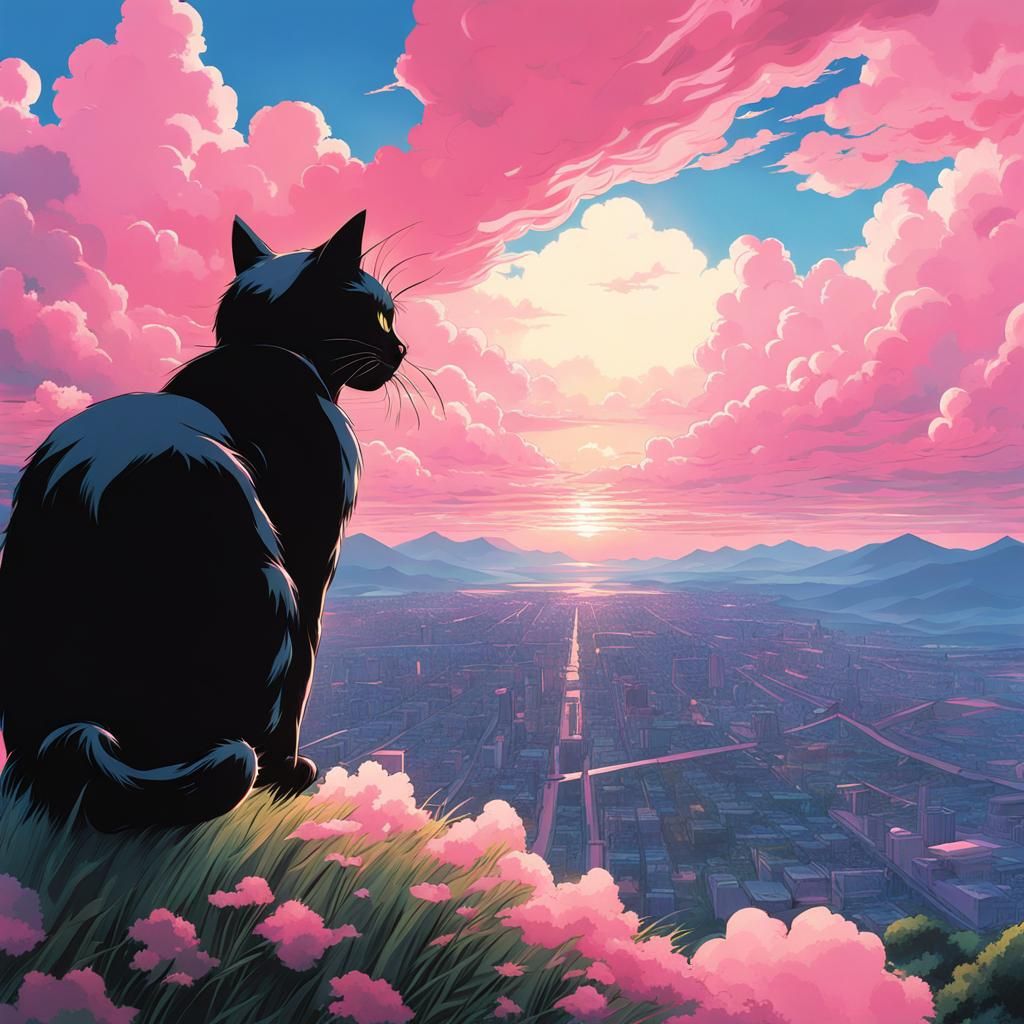 Black cat with pink clouds