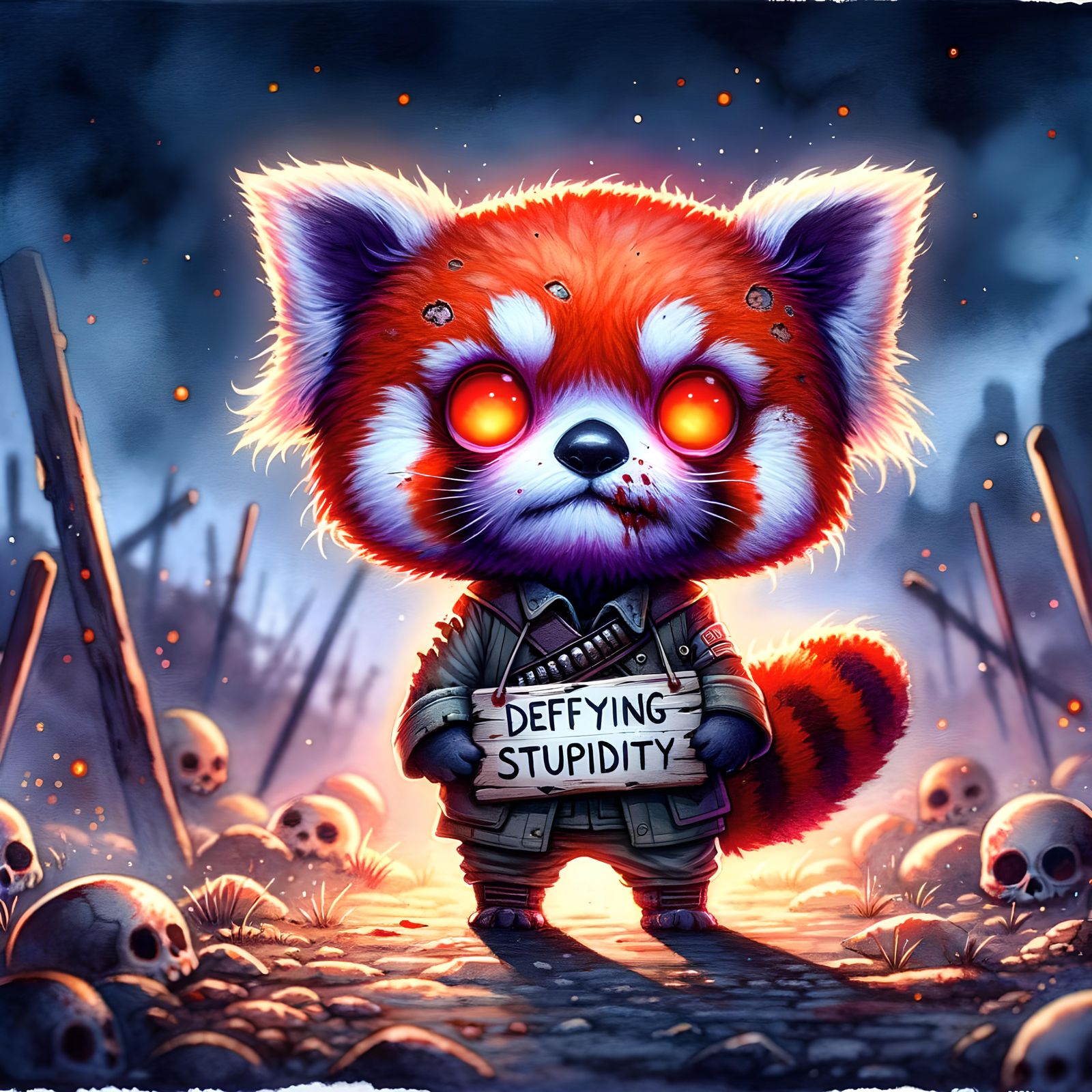 Undead Red Panda Defying Stupidity in Watercolor Style