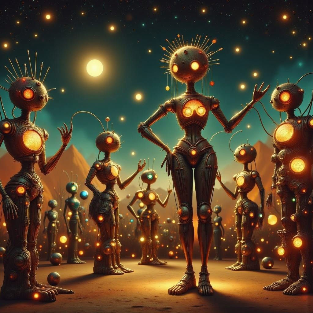 Steampunk Robot Dance Party in Vibrant Colors