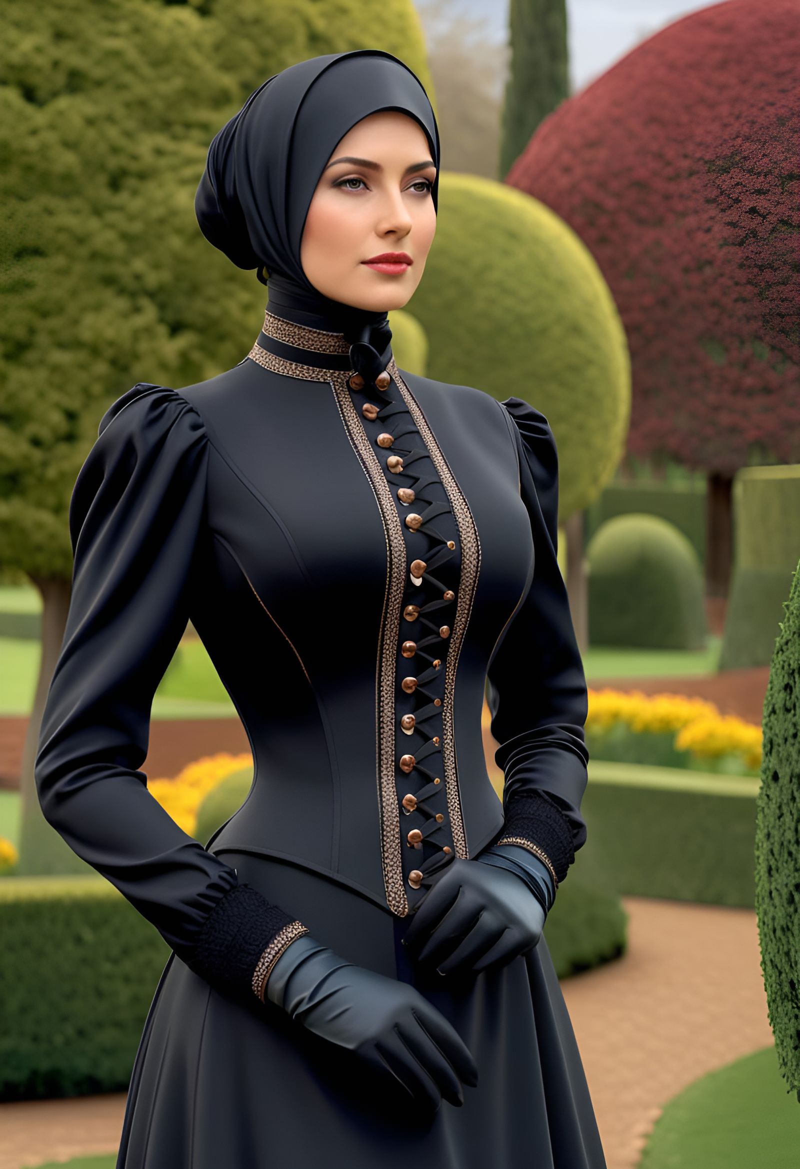 Victorian Woman with Headscarf in Garden Portrait