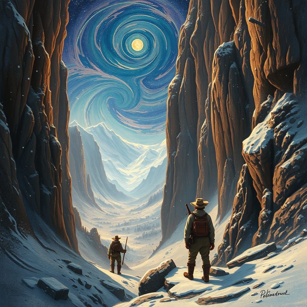 Pioneers Explore Snowy Valleys in Visionary Art Style