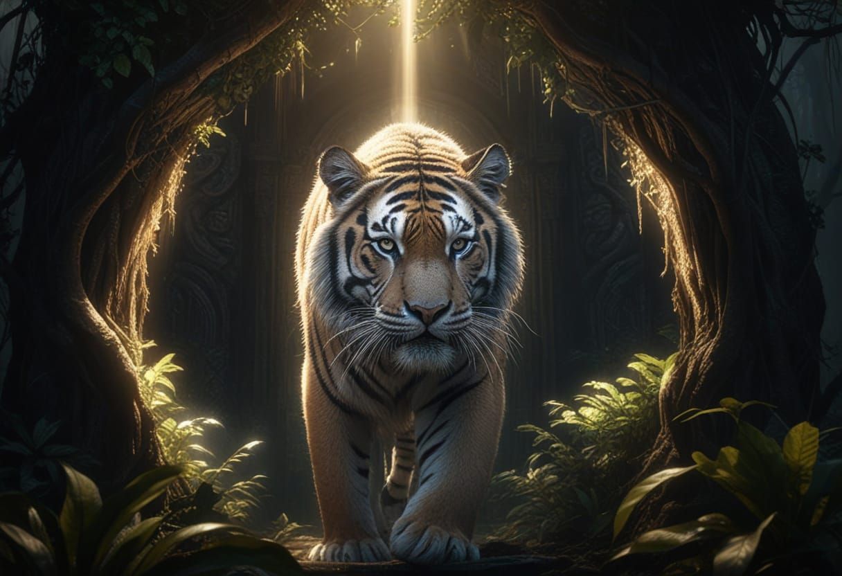 Majestic Tiger in Ancient Jungle Temple Digital Painting