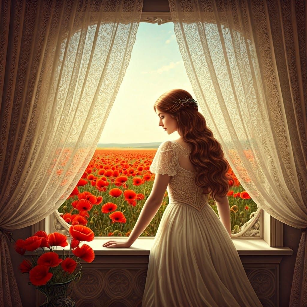Ethereal Woman Gazing at Poppy Field