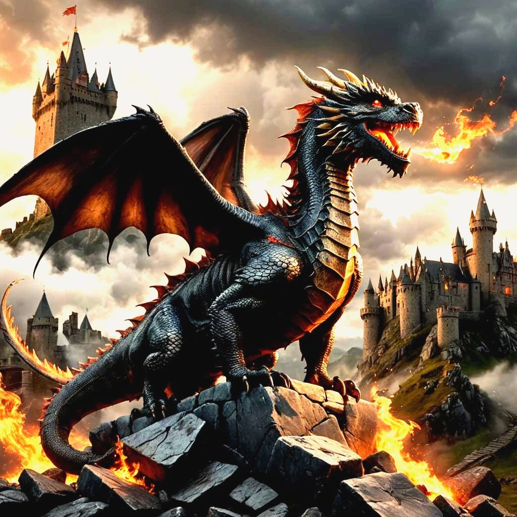 Hyperreal Welsh Dragon Breathes Fire on Castle