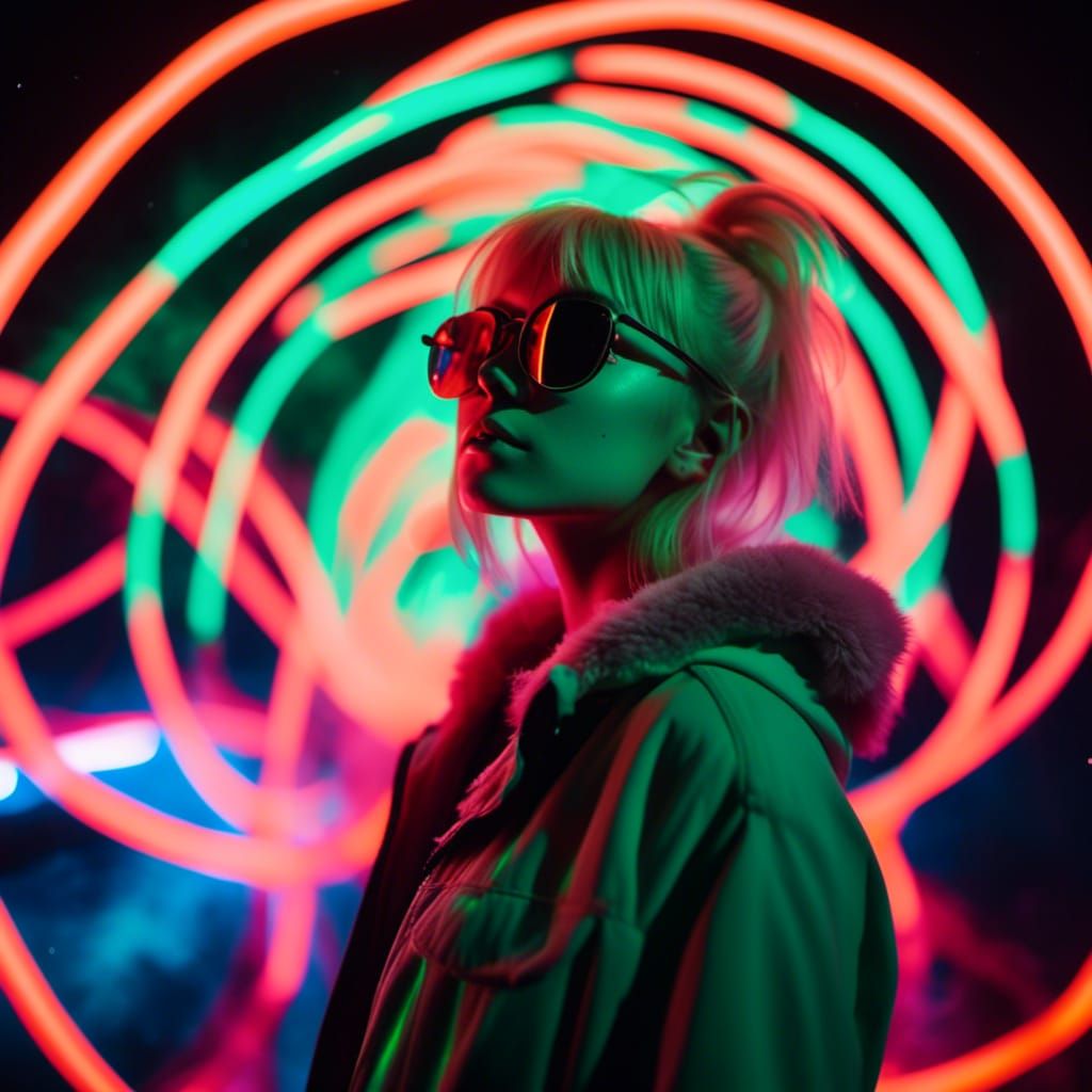 <lora:eye:1.0> A raver girl posing, full body shot, pink Che...