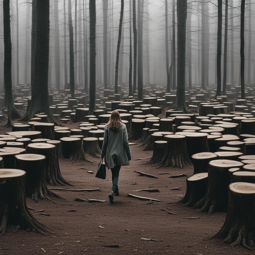 Woman Walks Through Deforested Landscape