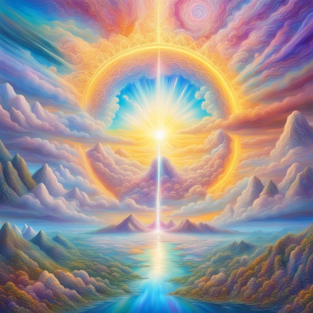 Heavenly Island in Clouds: Holographic Astral Illustration