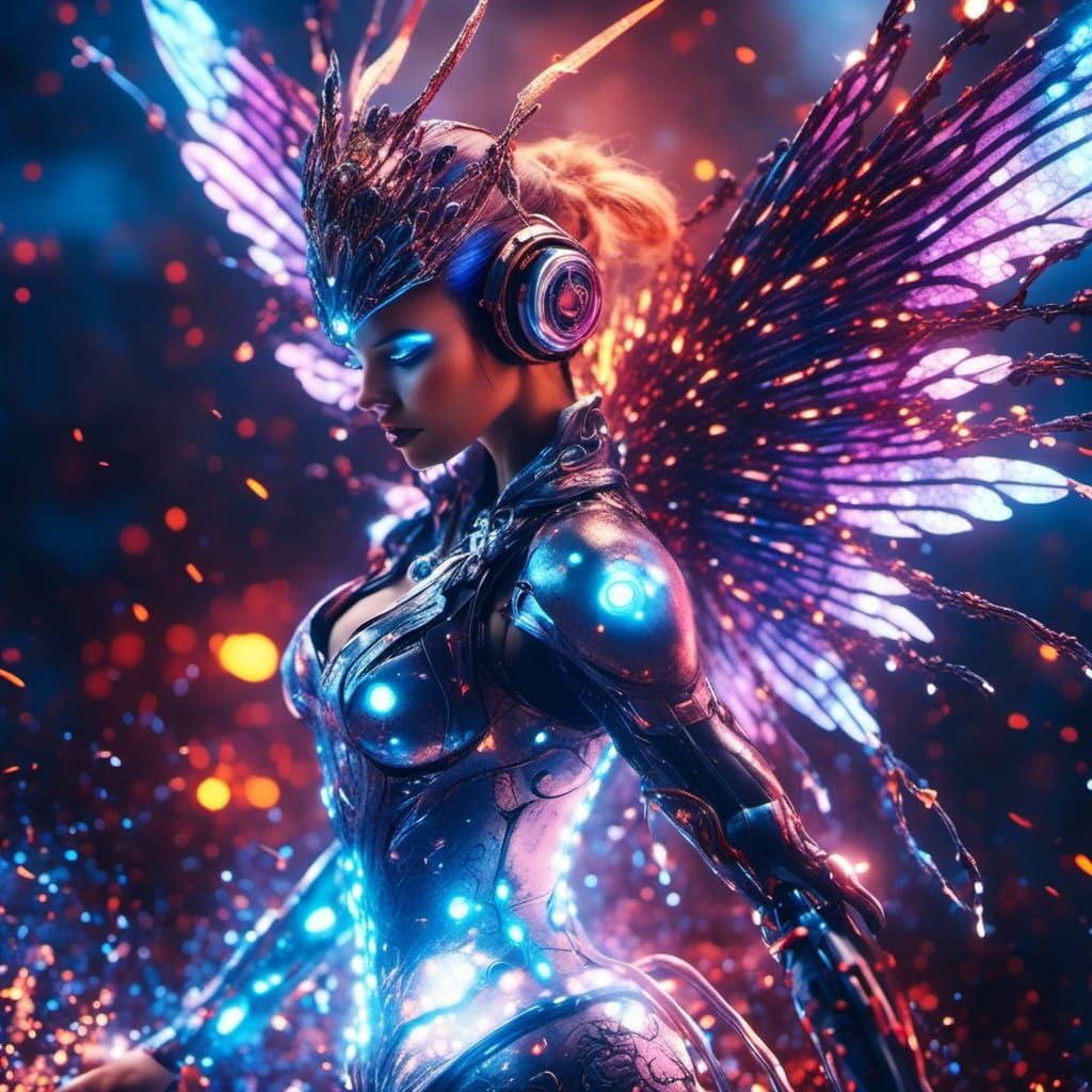 Cyberpunk Fairy Superhero with Biopunk Elements