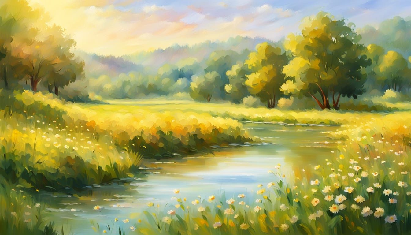 Impressionist River Meadow in Warm Golden Light