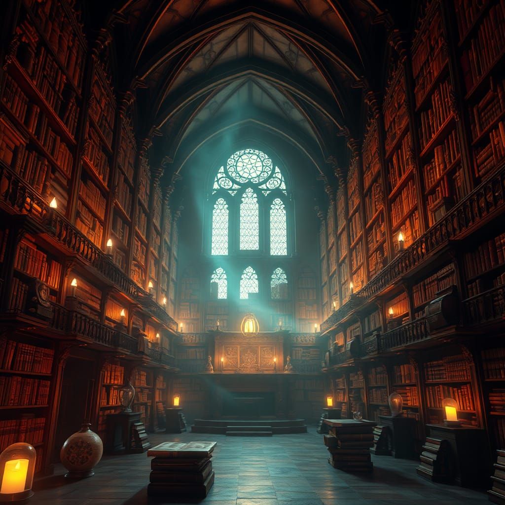 Mysterious Gothic Library Radiating Ethereal Energy