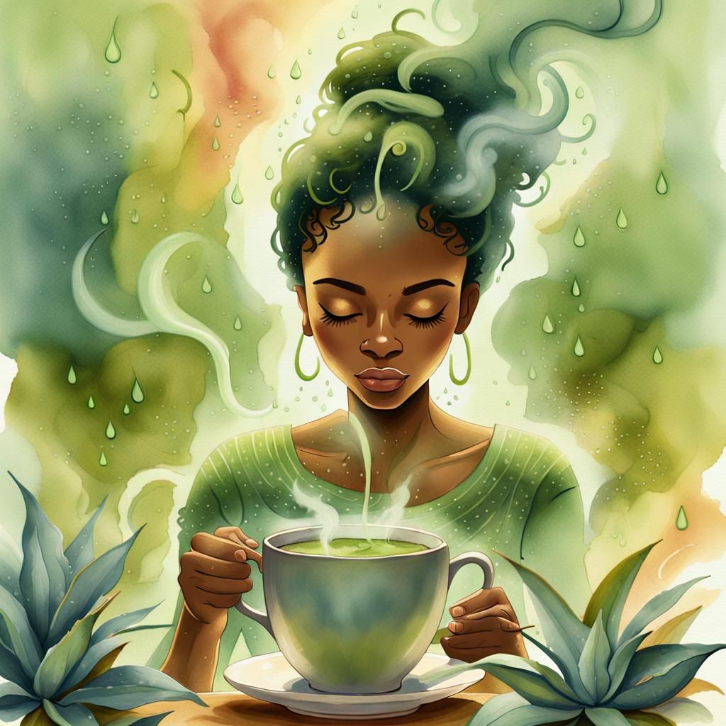 Serene Woman Meditating Above Matcha Tea, Watercolor Style