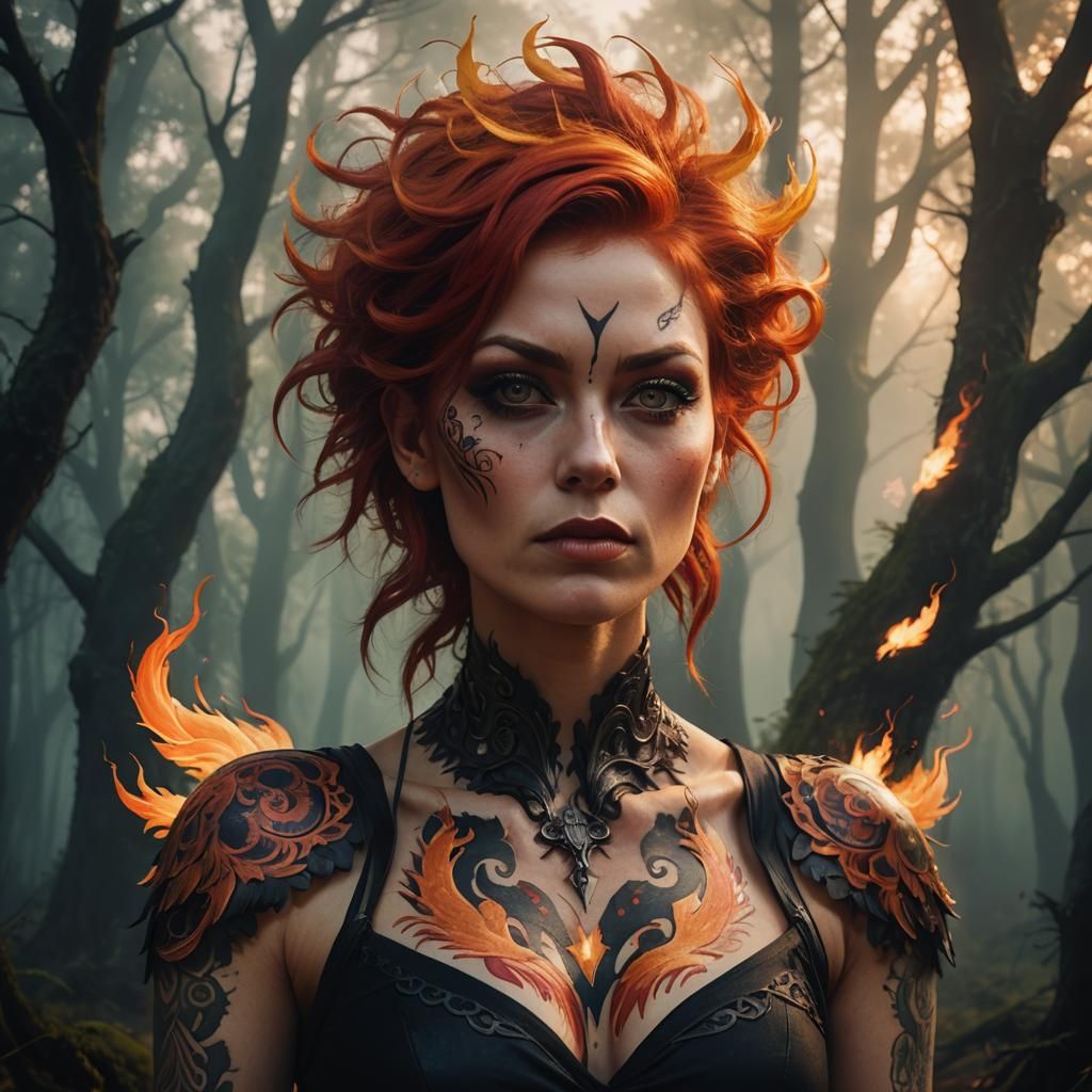 Fiery Phoenix Woman Portrait in Gothic Digital Art