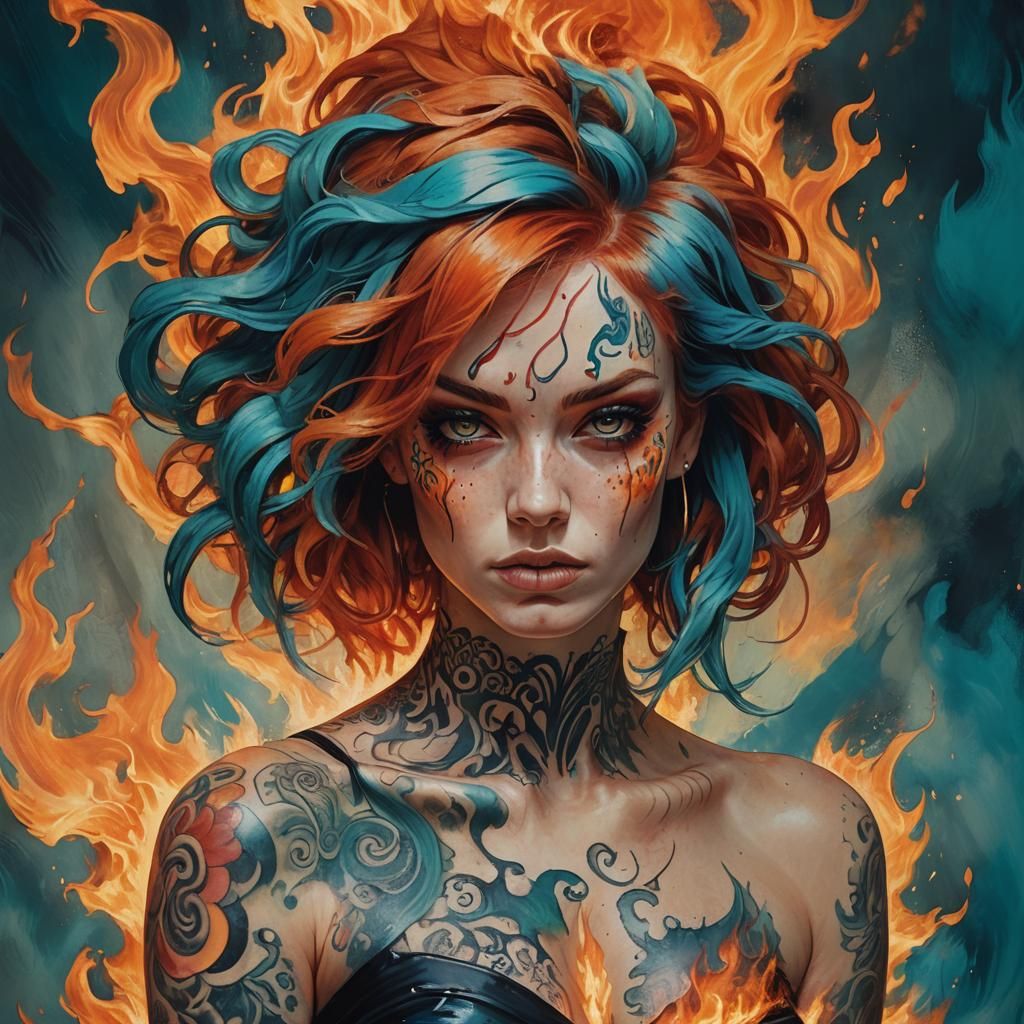 Fiery Gothic Woman with Tattoos in Digital Art