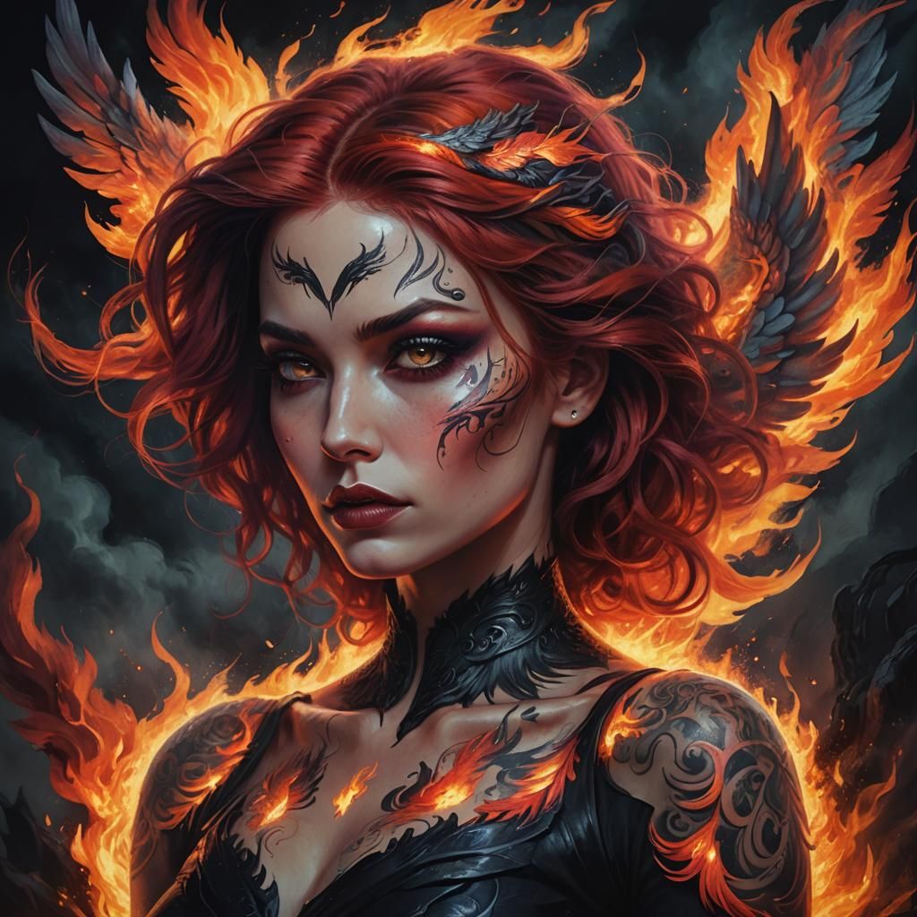 Gothic Phoenix Woman in a Mystical Landscape