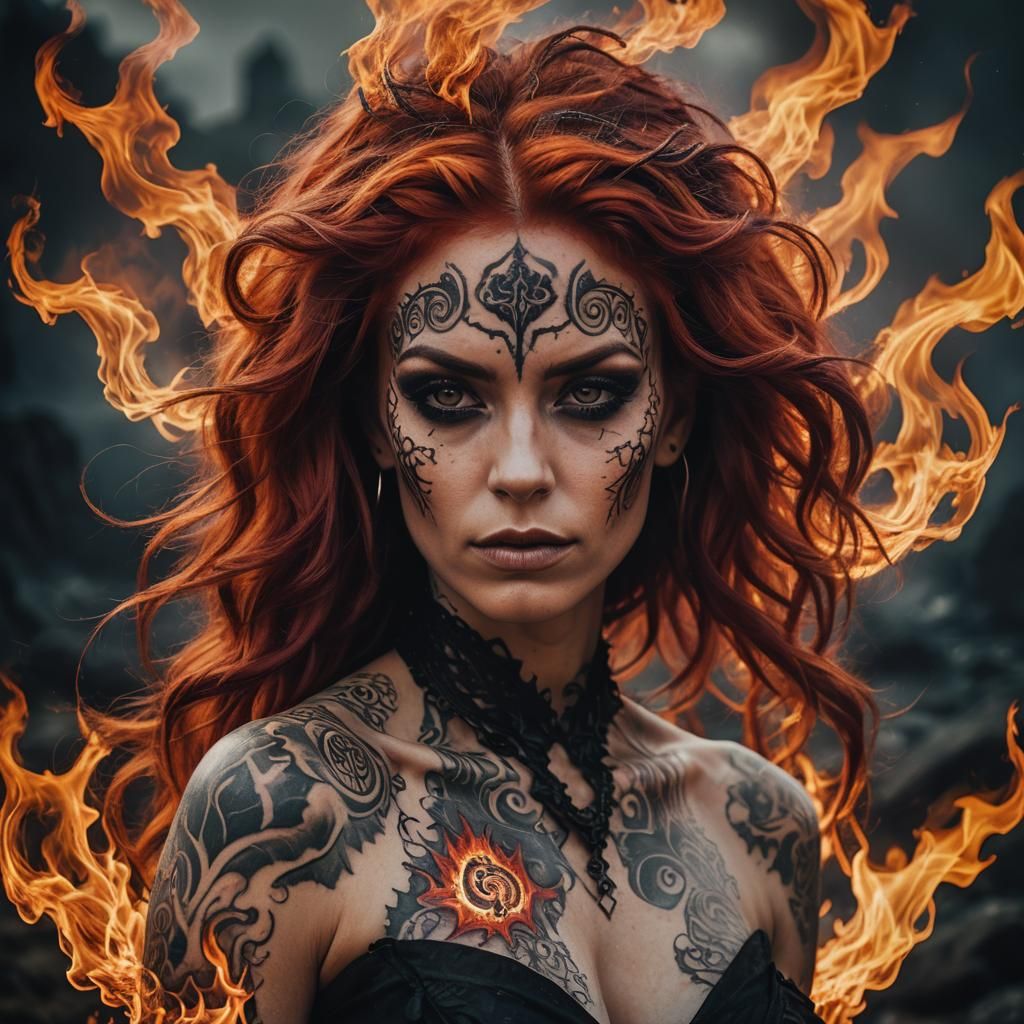 Gothic Woman Portrait with Fiery Hair and Tattoos