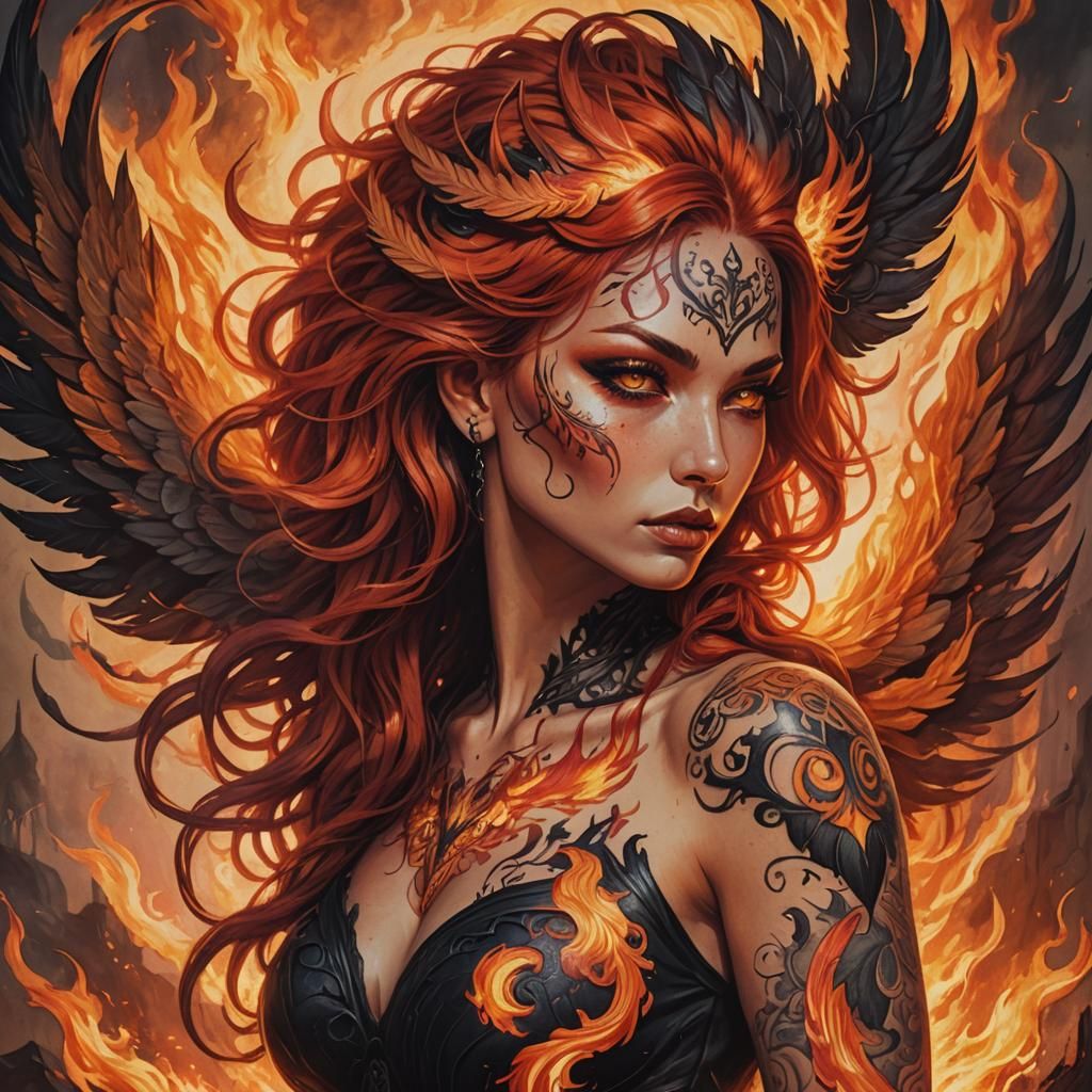 Gothic Phoenix Woman with Fiery Hair in Fantasy Art