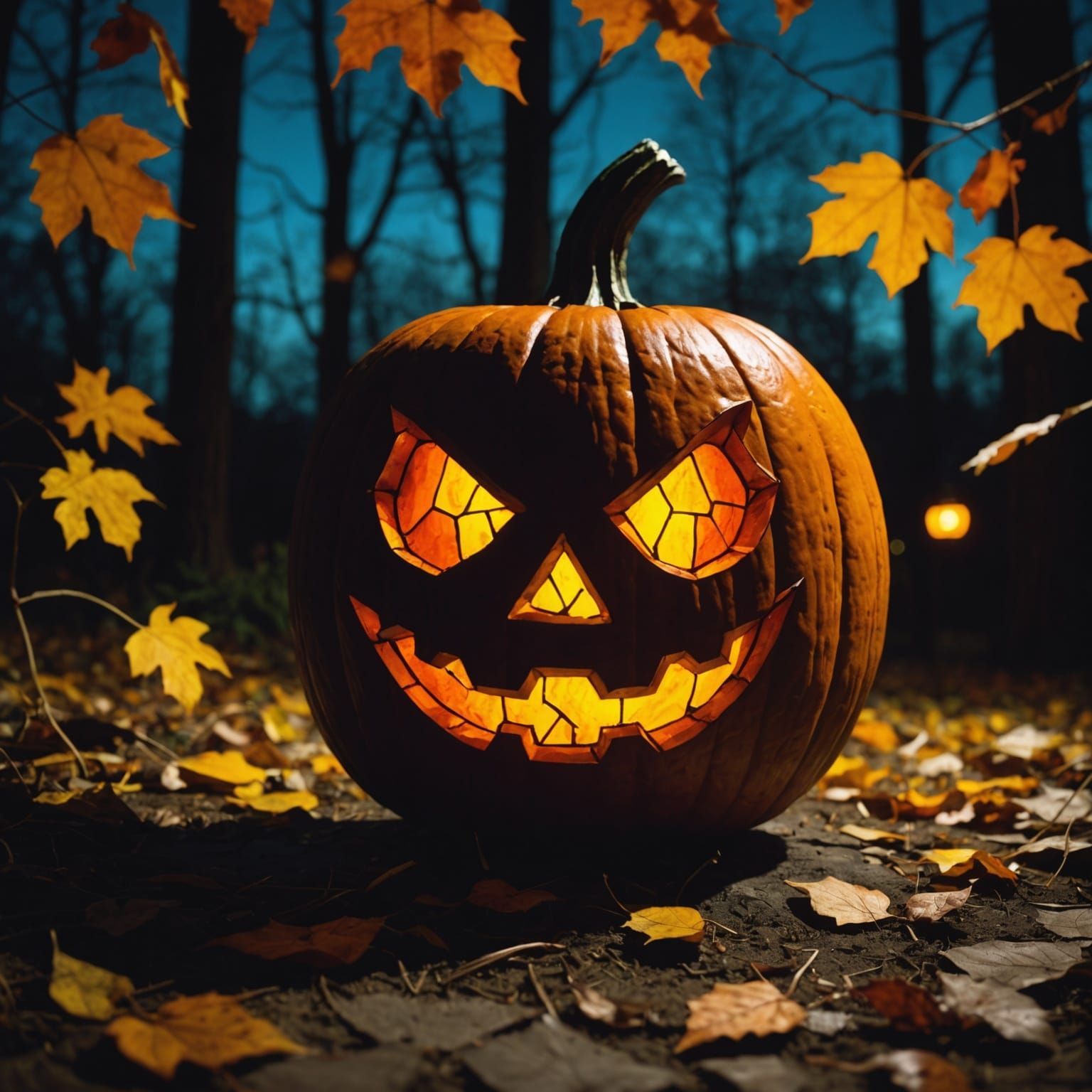 Stained Glass Jack O'Lantern in Autumn Moonlight