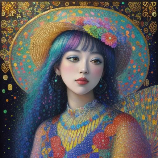 "A fruit basket depicted in pointillism and oil painting, ov...