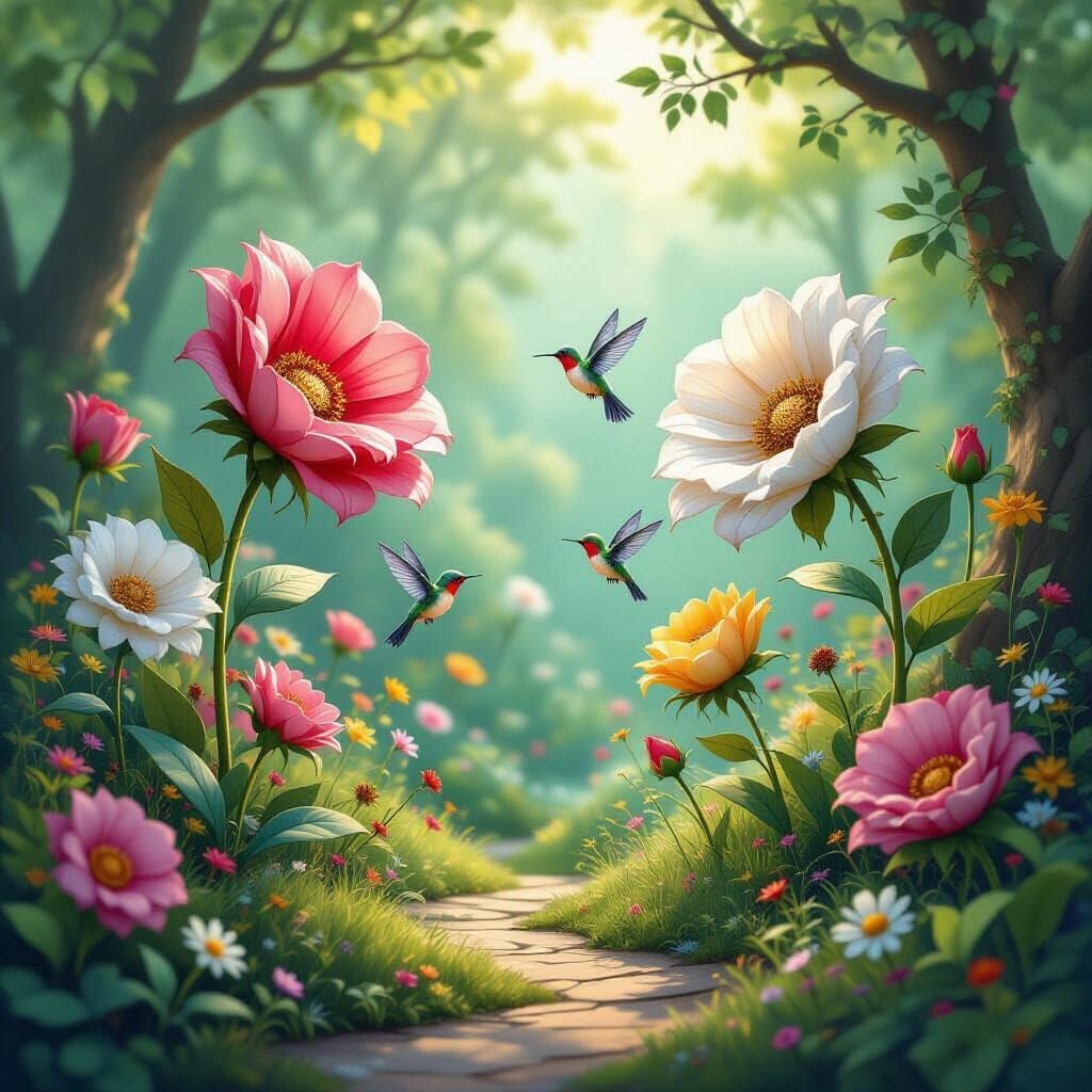 Whimsical Clockwork Garden with Mechanical Hummingbirds