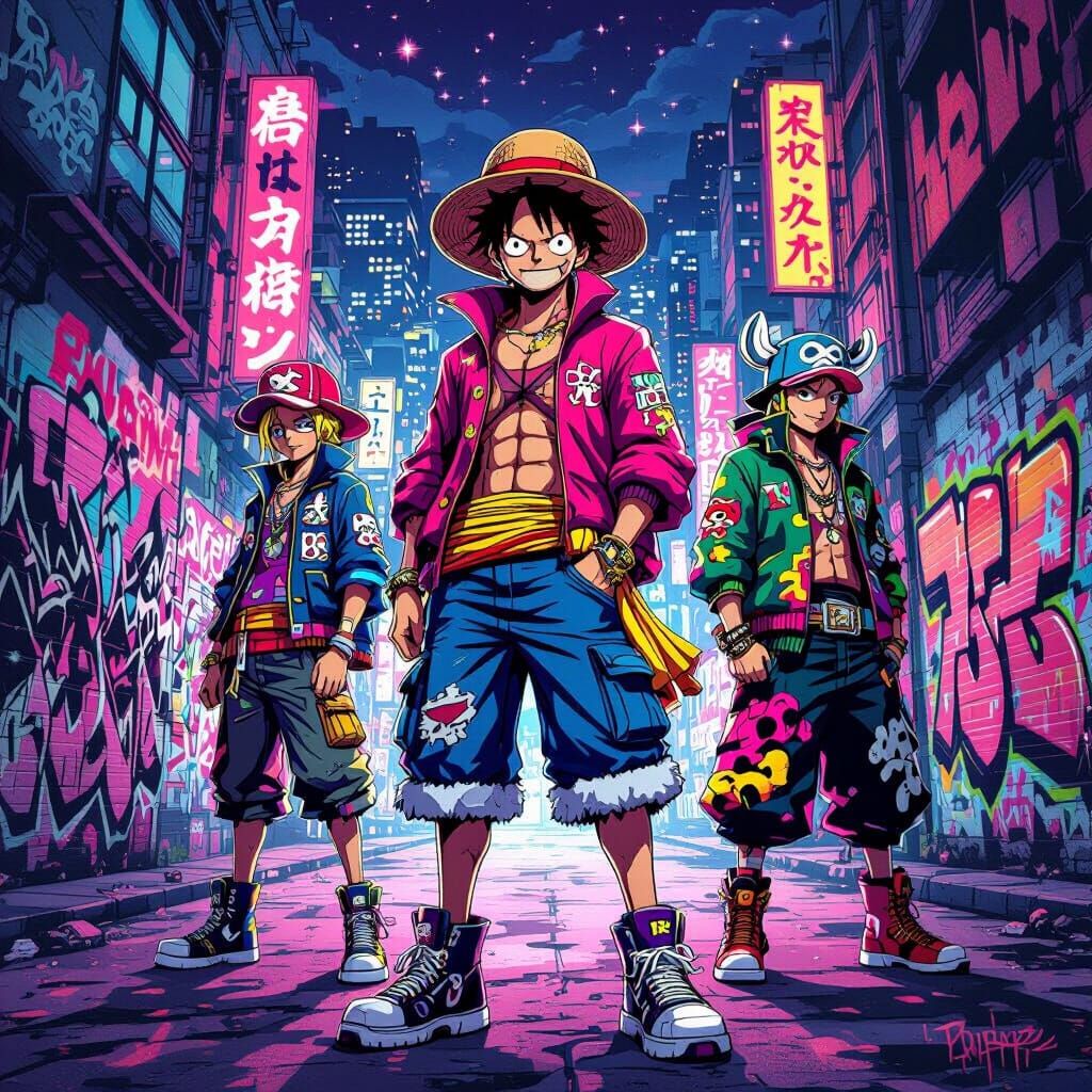 One Piece Characters in Drip Fashion Street Art