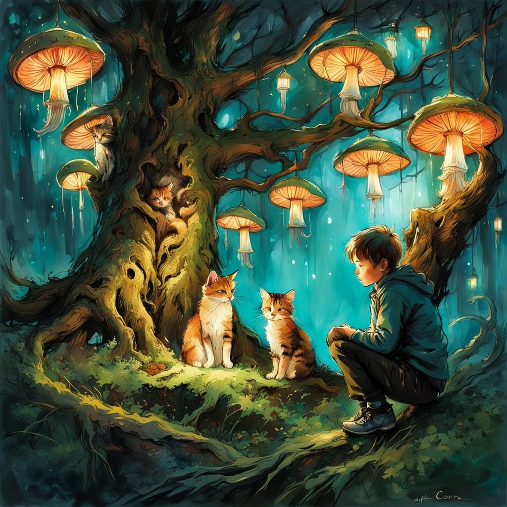 Boy and Cats in Enchanted Forest, Griffiths Style