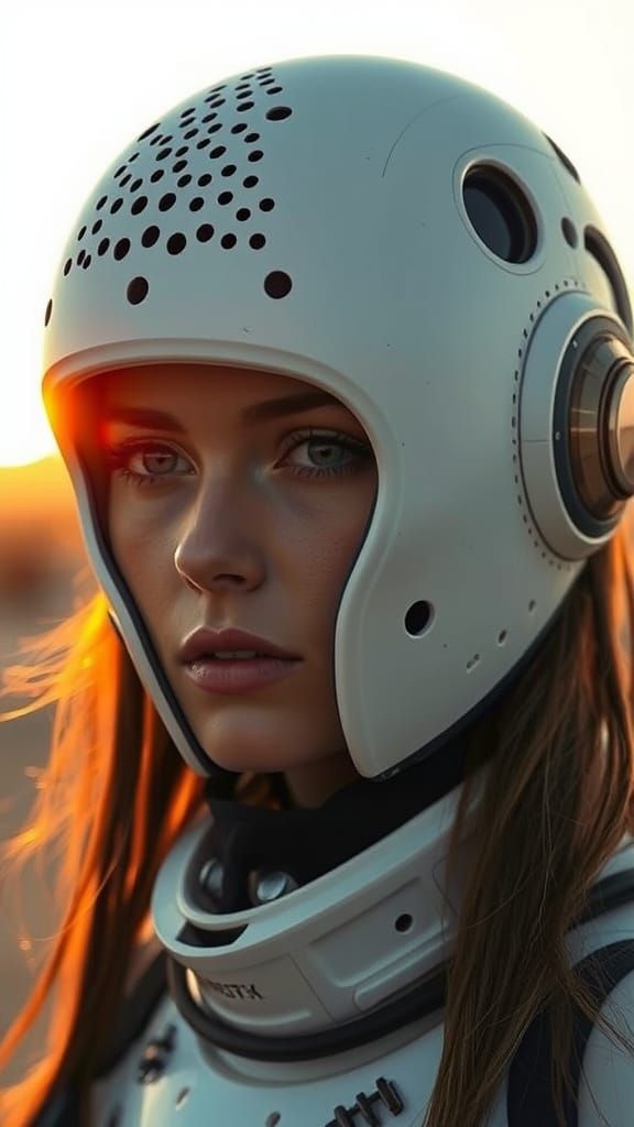 Cyborg Woman with Patterned Helmet in Science Fiction Portra...