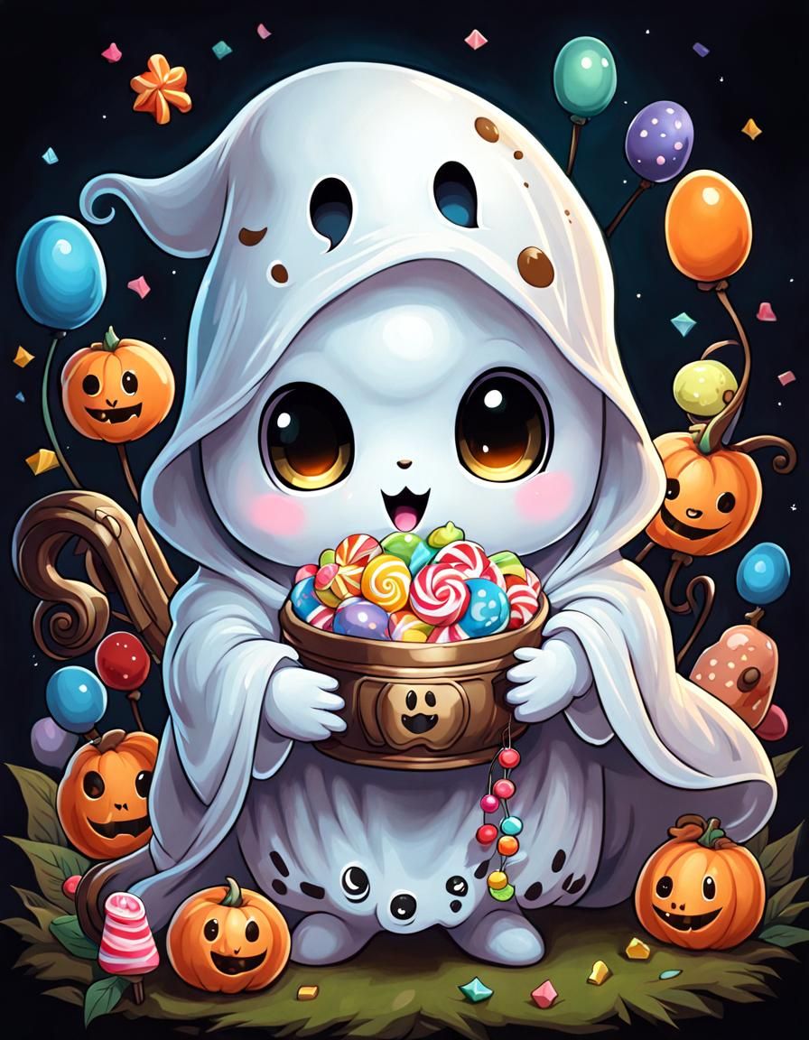 Adorable Chibi Ghost with Candy Bucket: Detailed Painting