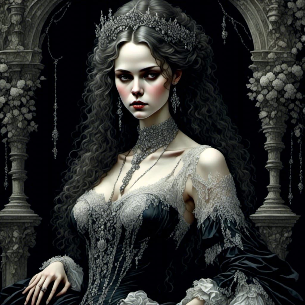 Gothic Diva in Black Satin and Pearls