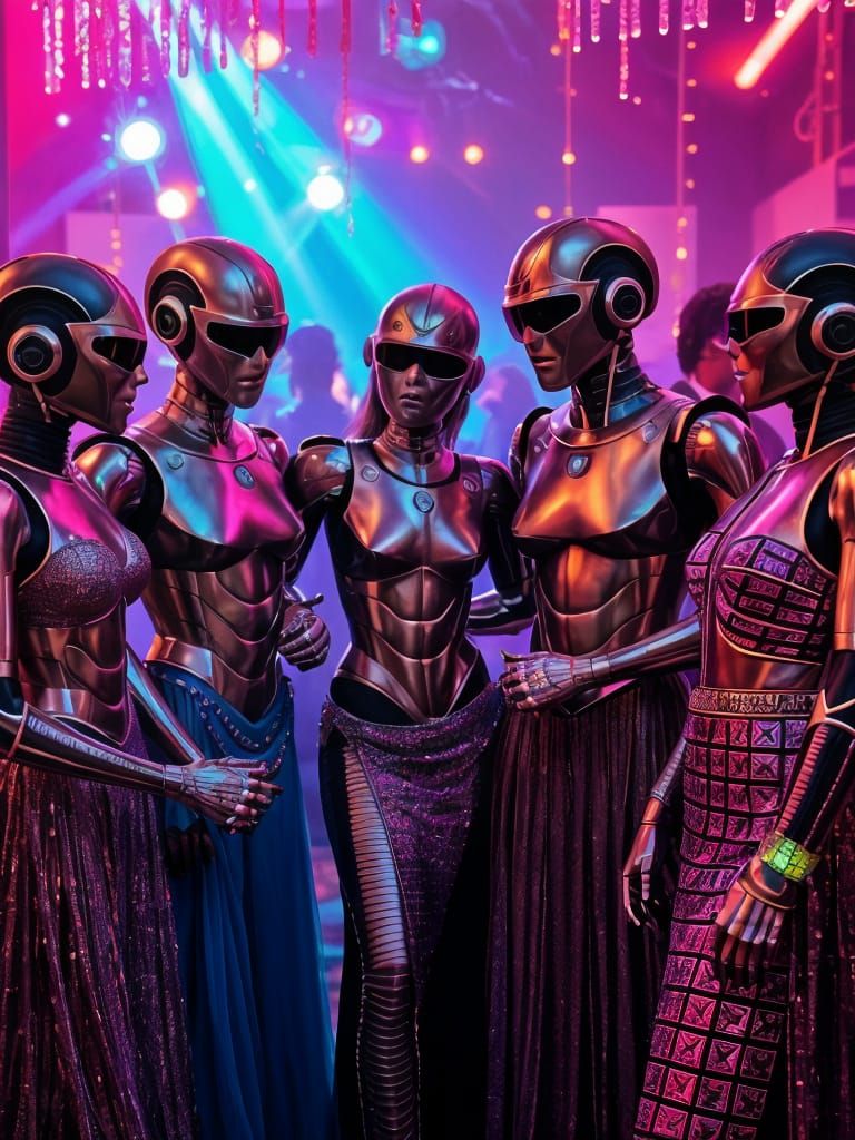 Metal Robots in Futuristic Attire Party in High Definition