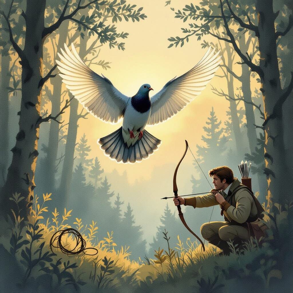 Pigeon of Purity in Forest Dawn, Watercolor Illustration