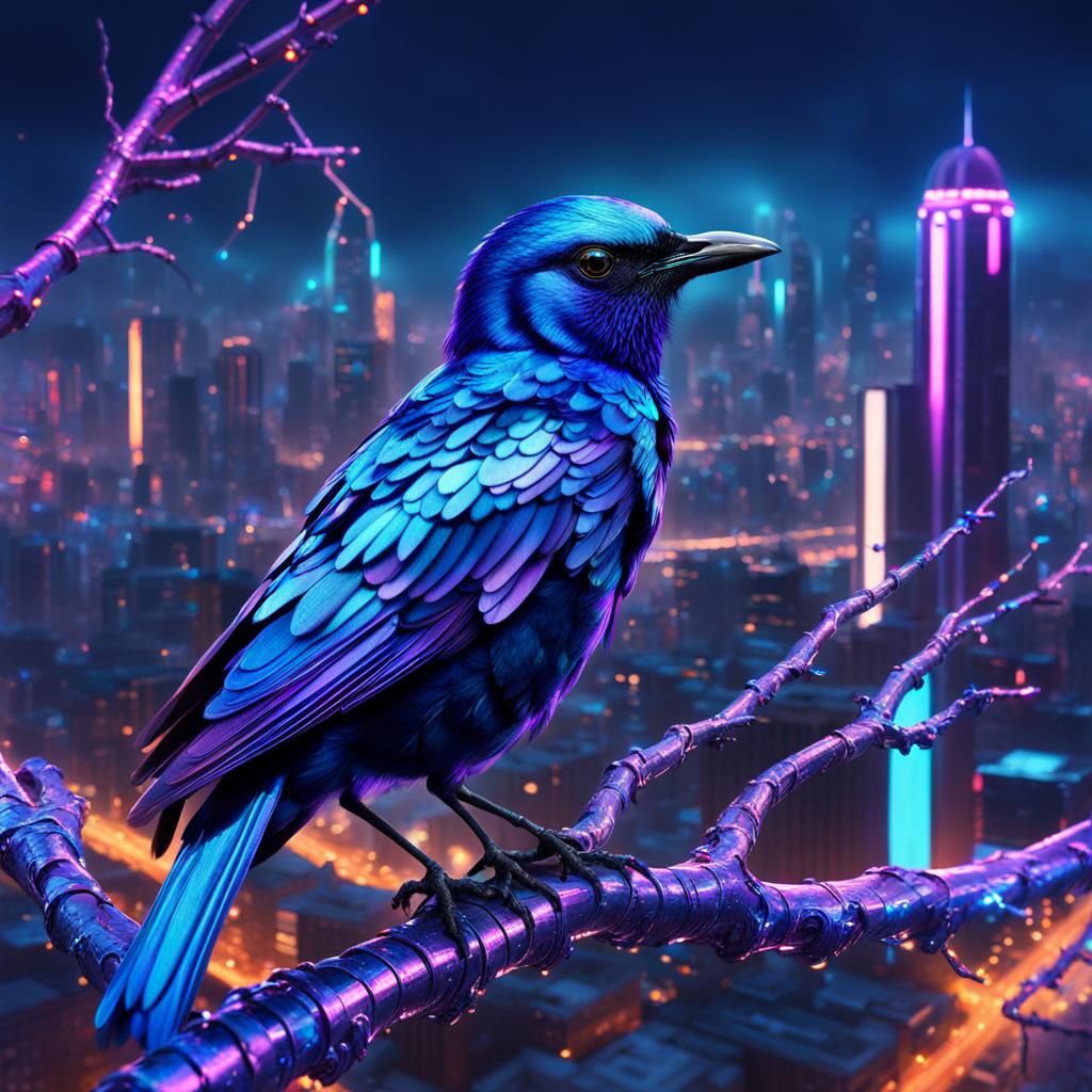 Cyborg Starling Perched in Neon Cityscape