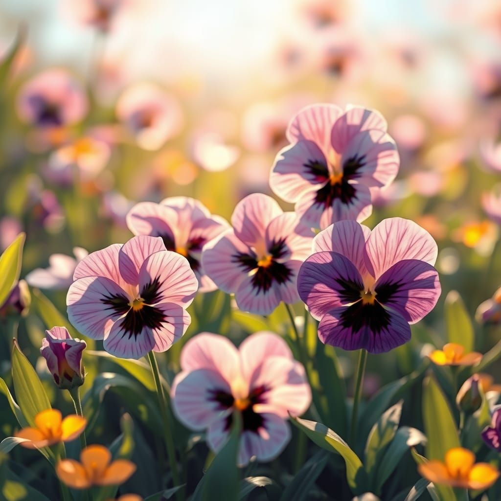 Anime-Style Pansies in a Lush Field