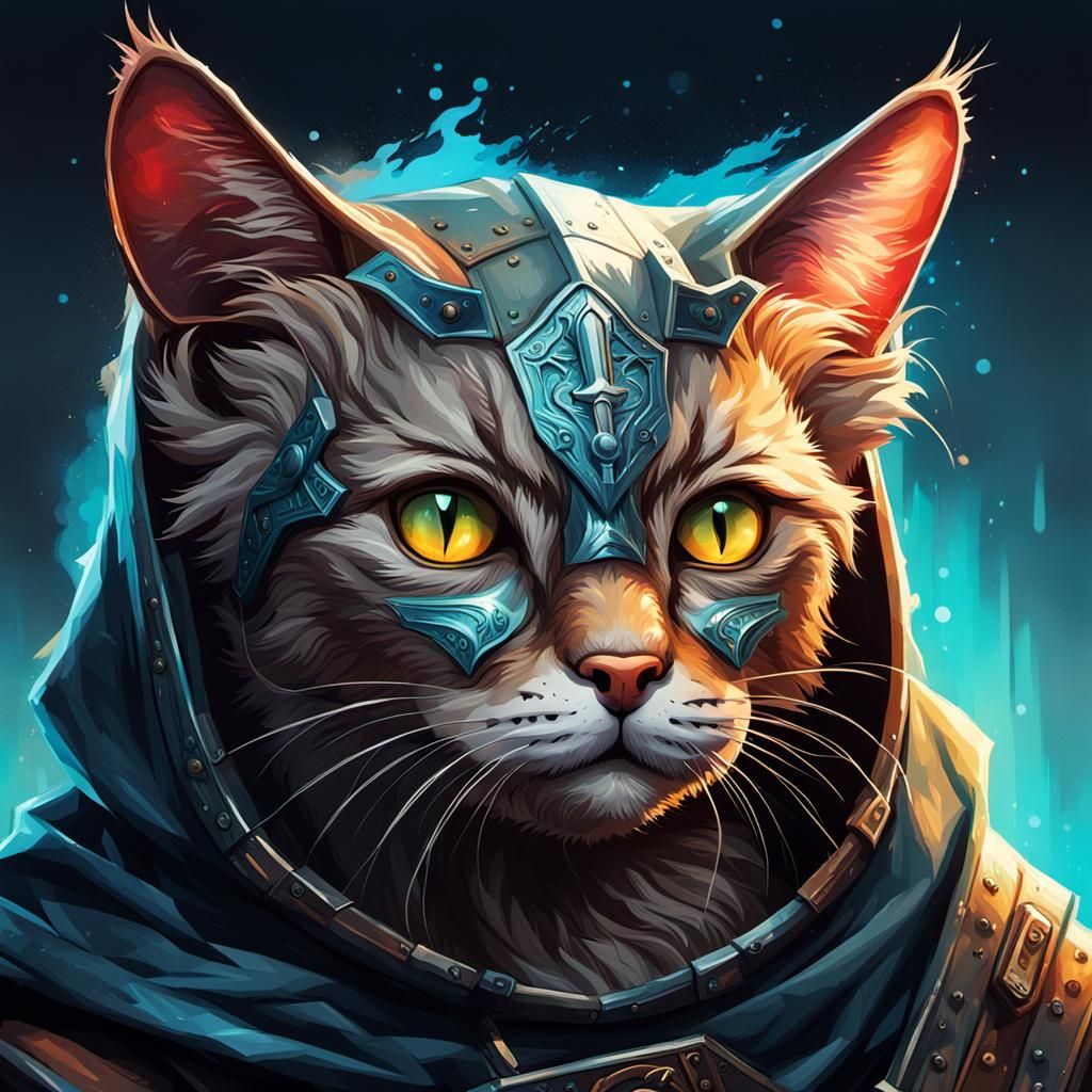 Sci-Fi Medieval Cat in Hood: Hyperrealistic Splash Art