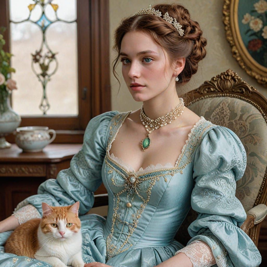 Victorian Lady in Elegant Gown with Majestic Cat