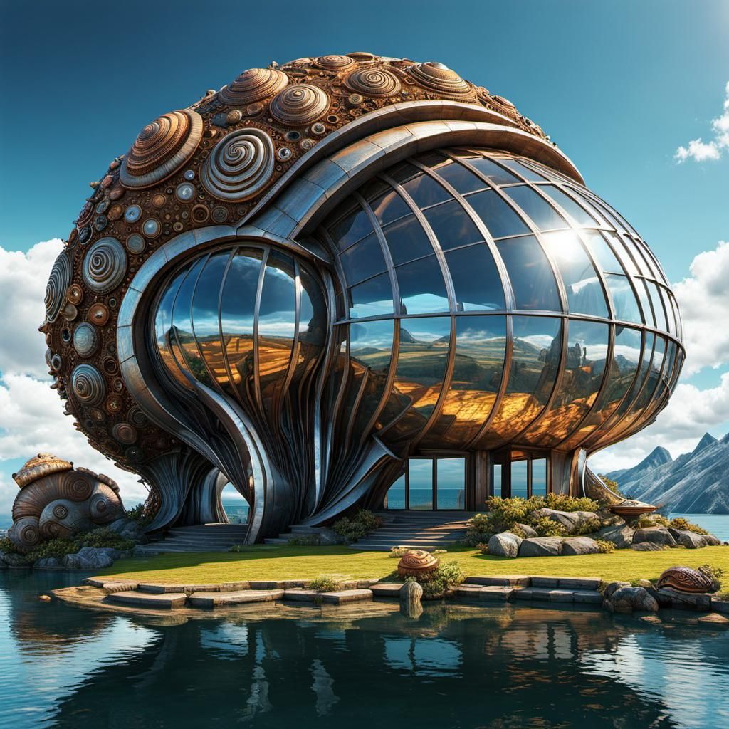 Futuristic Metal Sea Snail House by the Lake