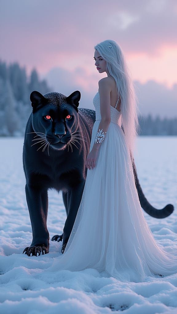 Ethereal Dream Girl with Black Panther in Frosty Twilight