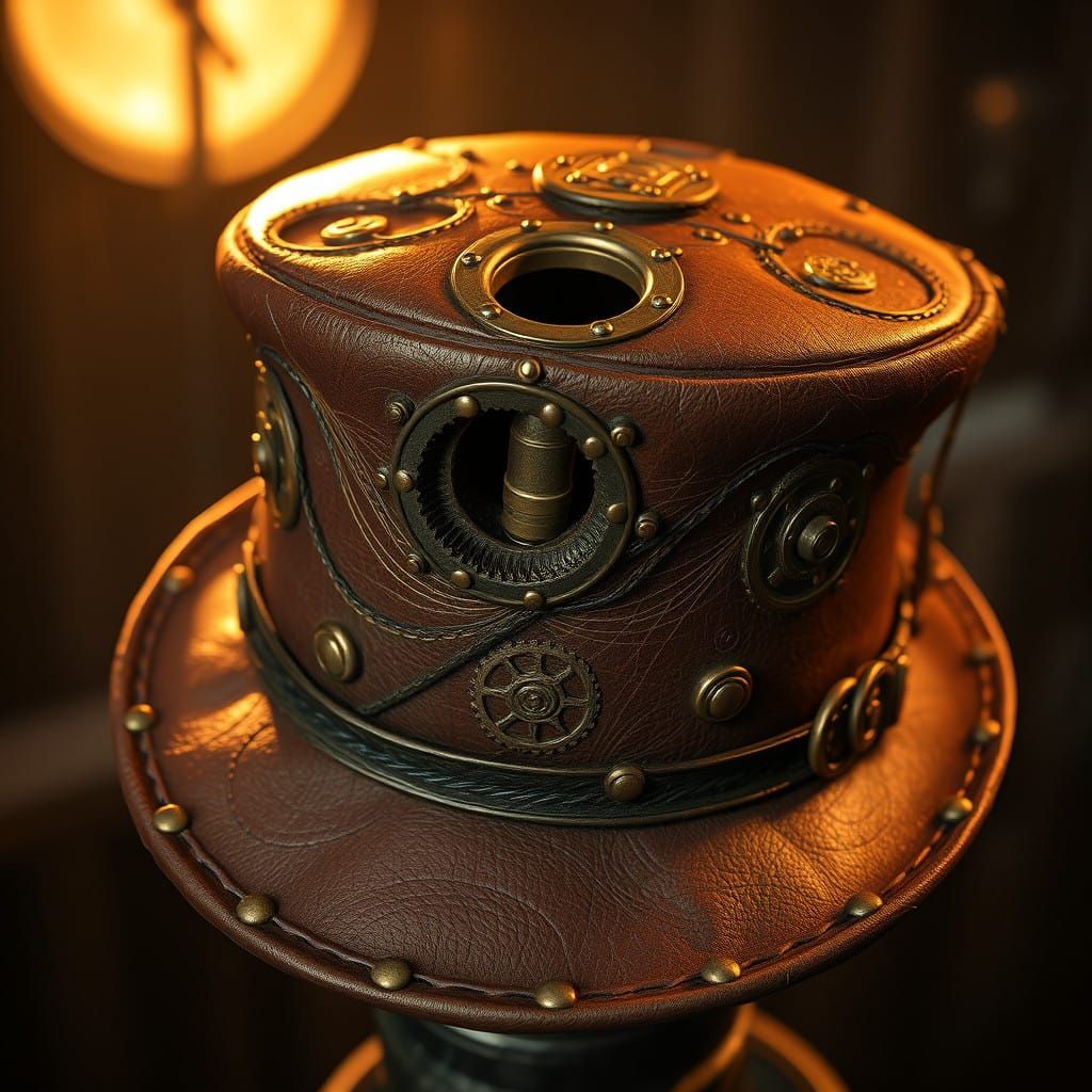 Steampunk Leather Topper Hat with Bullet Hole and Intricate....