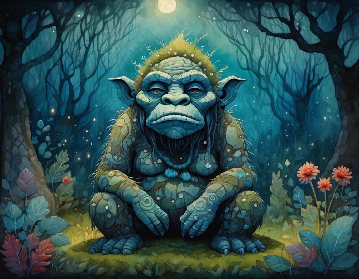 Female Rock Troll in Gouache Night Garden