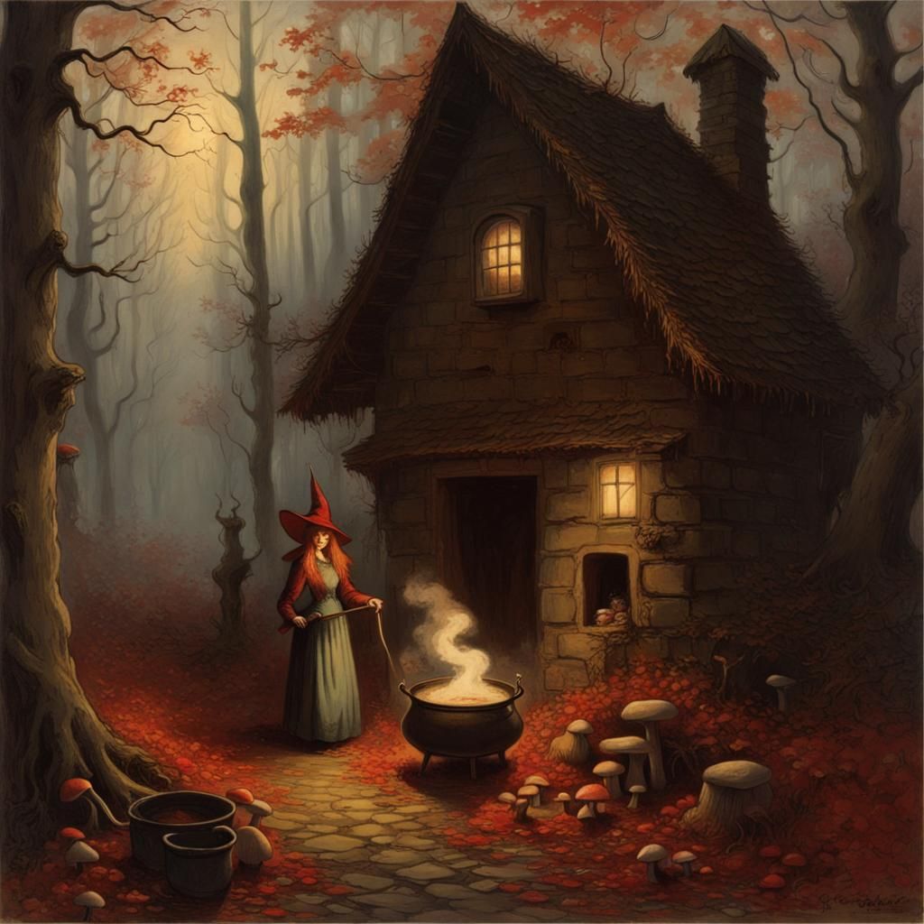 Eerie Witch stirs Cauldron outside Cottage